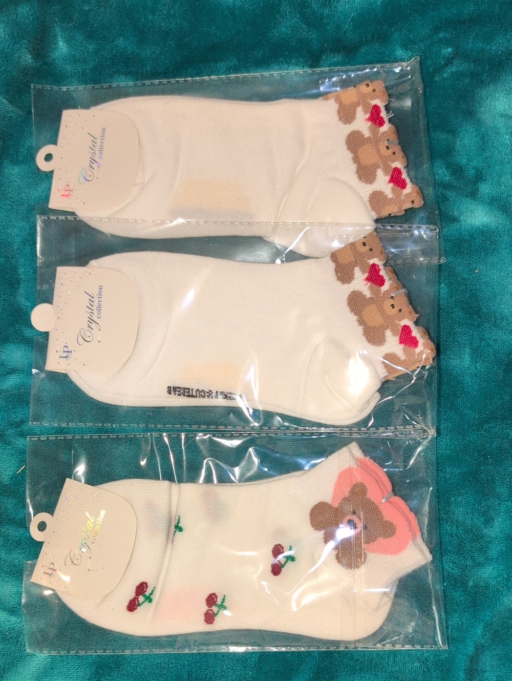 Cute Bear & Cherry Ankle Socks - Cream with Pink & Brown Accents Set Of 3 Pairs